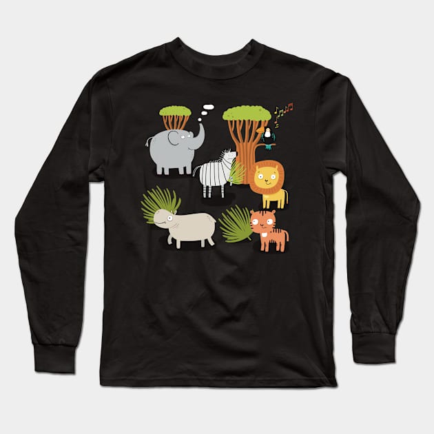 Our friends, the lion, tiger, zebra, elephant , tucan and hippo,on the savannah in Africa Long Sleeve T-Shirt by marina63